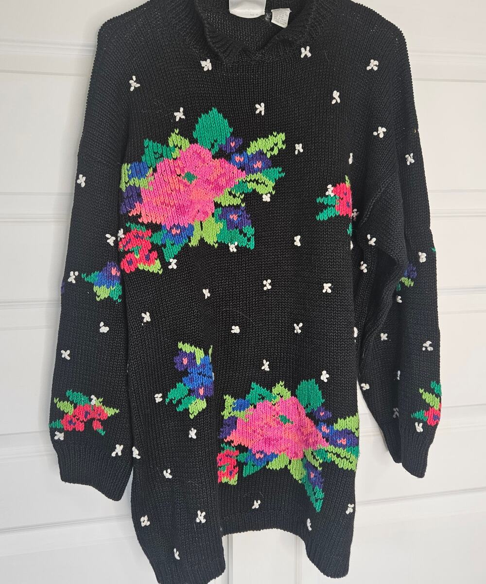Vintage 80s 90s Nordstrom Floral Intarsia Tunic Sweater L